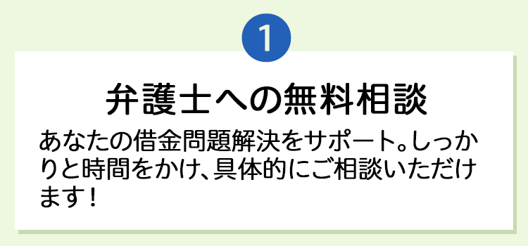 1.「弁護士への無料相談」あなたの借金問題解決をサポート。しっかりと時間をかけ、具体的にご相談いただけます！