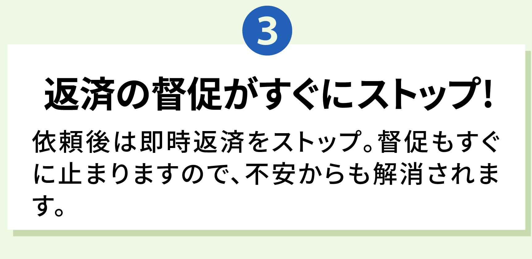 3 返済の督促がすぐにストップ！ 依頼後は即時返済をストップ。督促もすぐに止まりますので、不安からも解消されます。