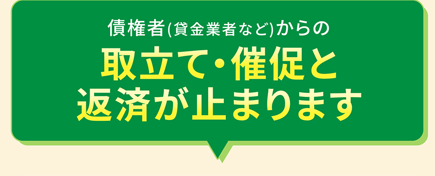 債権者(貸金業者など)からの取立て・催促と返済が止まります